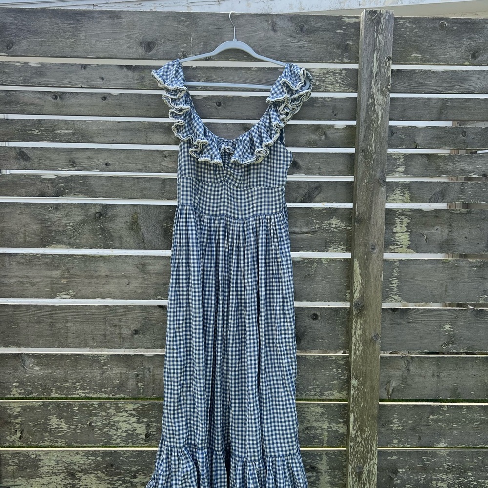 Doen Blue Sora Dress * Rare*  White Gingham Midi Dress